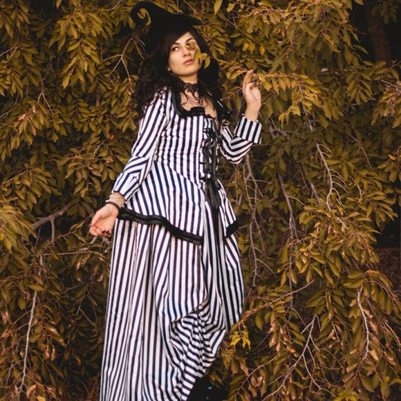 Black and White Striped Gothic Rococo Gown - Picture 10 of 11